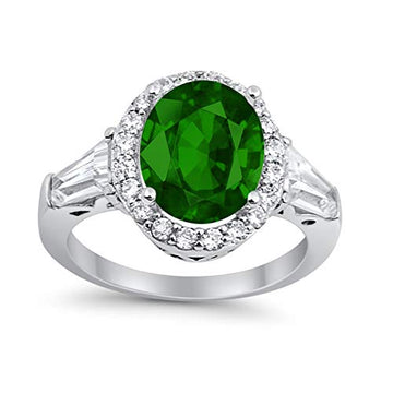 Halo Fashion Ring Baguette Simulated Green Emerald CZ 925 Sterling Silver